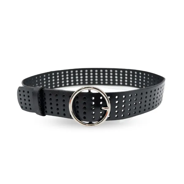 Miranda |  Women's Black Genuine Leather Belt with Round Silver Buckle
