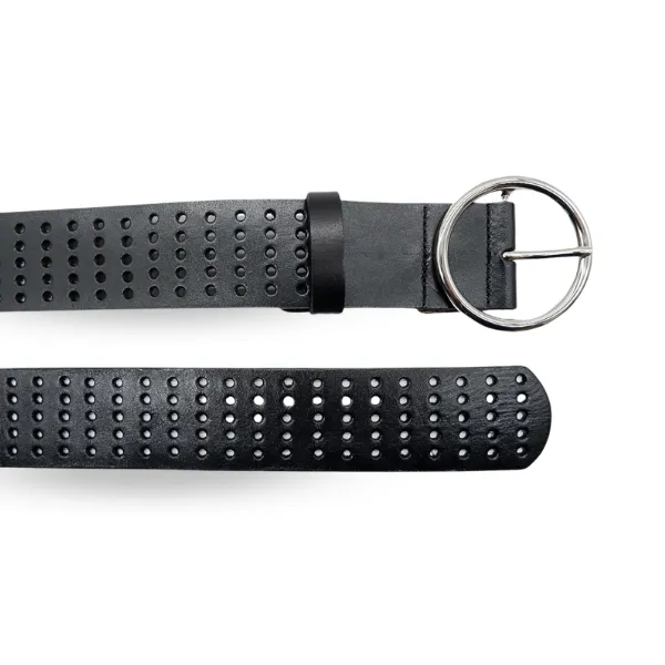 Miranda |  Women's Black Genuine Leather Belt with Round Silver Buckle
