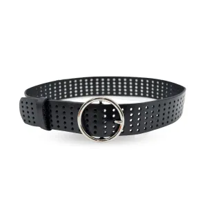 Miranda |  Women's Black Genuine Leather Belt with Round Silver Buckle