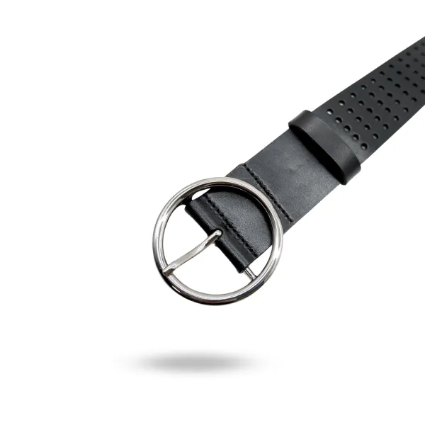 Miranda |  Women's Black Genuine Leather Belt with Round Silver Buckle