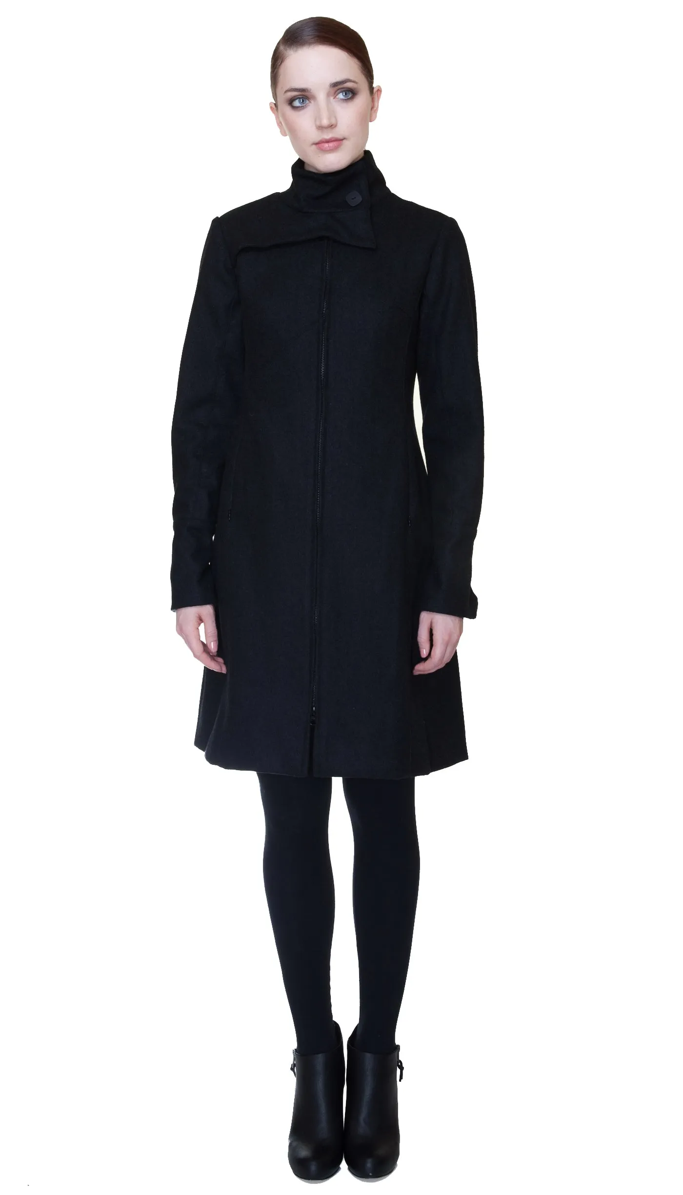 Mock Zip Wool Coat / Black