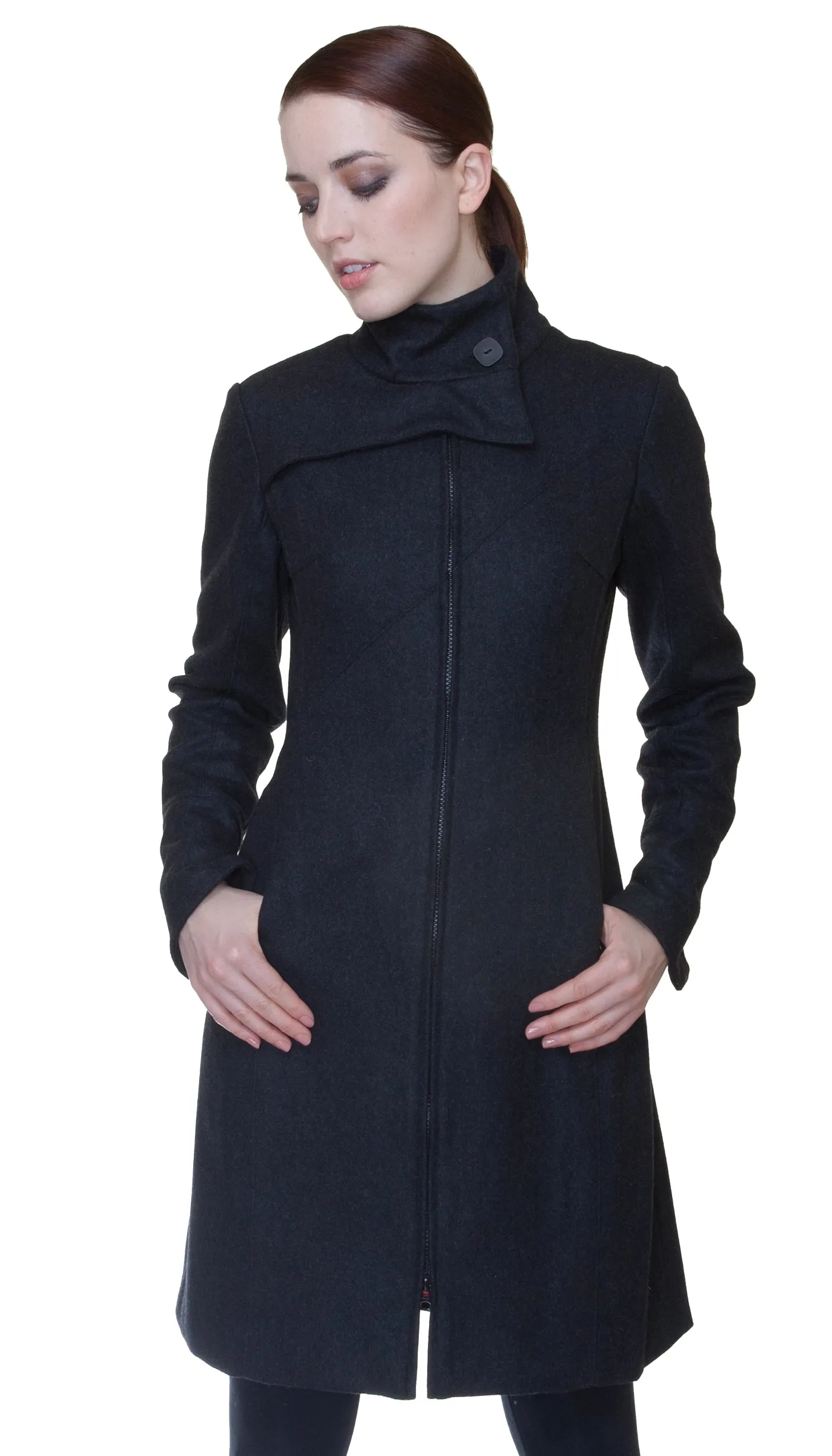 Mock Zip Wool Coat / Black