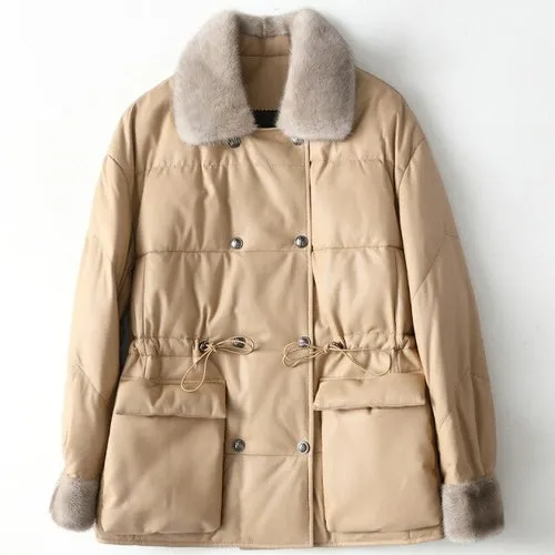 New Medium Long Leather Down Winter Mink Wool Collar