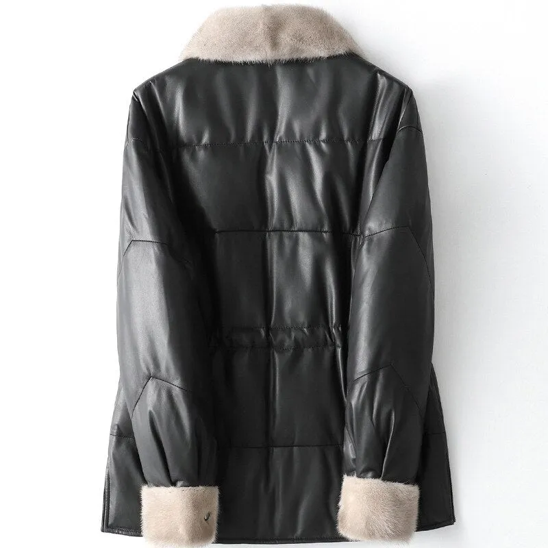 New Medium Long Leather Down Winter Mink Wool Collar