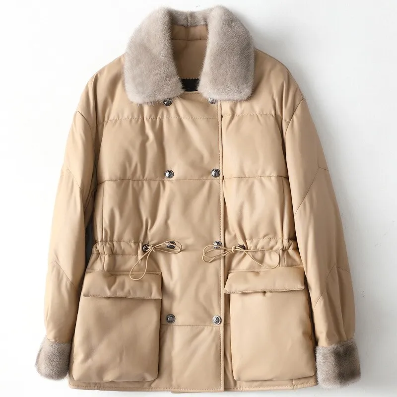 New Medium Long Leather Down Winter Mink Wool Collar