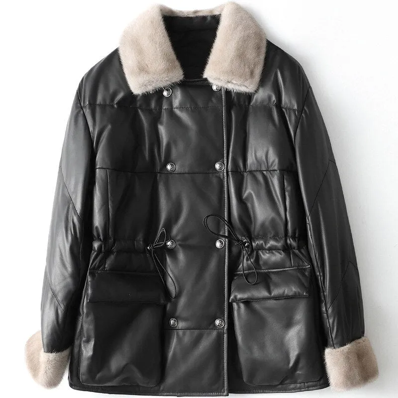 New Medium Long Leather Down Winter Mink Wool Collar