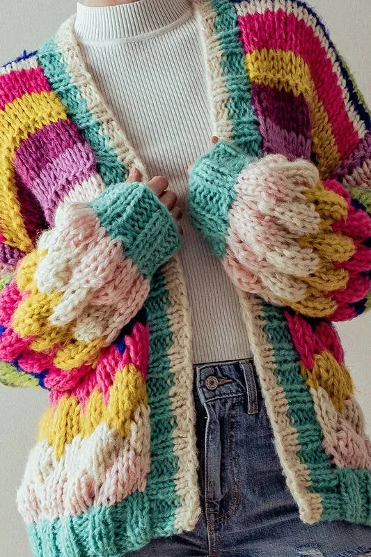 OVERSIZED FIT MULTI CHUNKY KNIT CARDIGAN: PINK