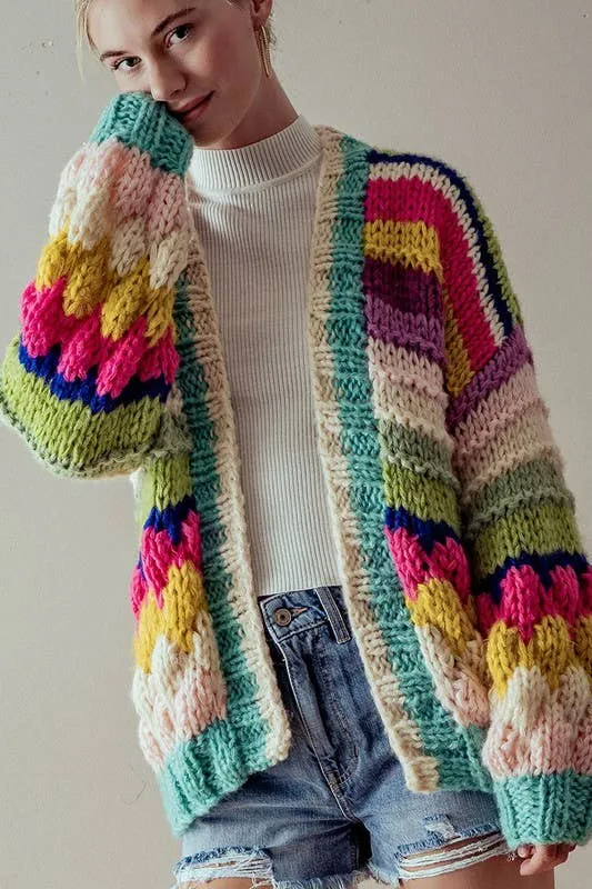 OVERSIZED FIT MULTI CHUNKY KNIT CARDIGAN: PINK