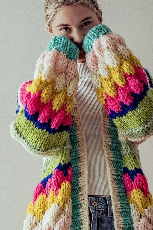 OVERSIZED FIT MULTI CHUNKY KNIT CARDIGAN: PINK
