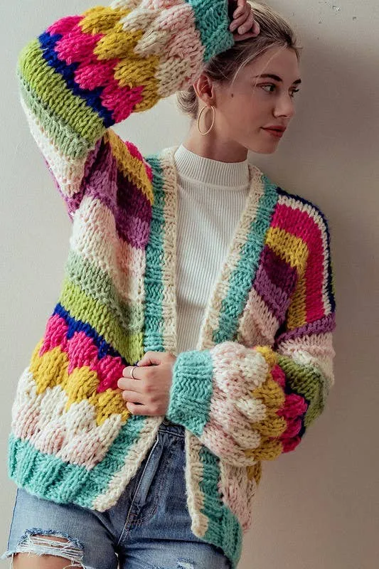 OVERSIZED FIT MULTI CHUNKY KNIT CARDIGAN: PINK