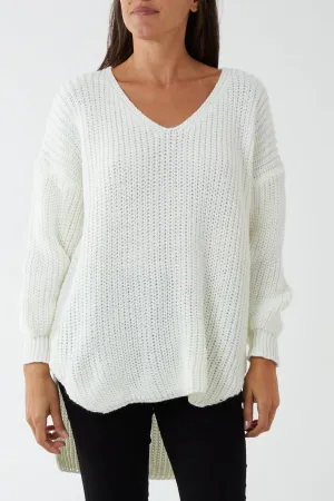 Oversized V-Neck Chunky Knit Dip Hem Jumper