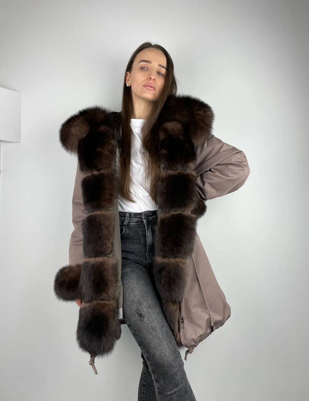 Parka Baltic Classic Cappuccino with Brown Artic fur and lining with Rex rabbit fur for women 105 cm