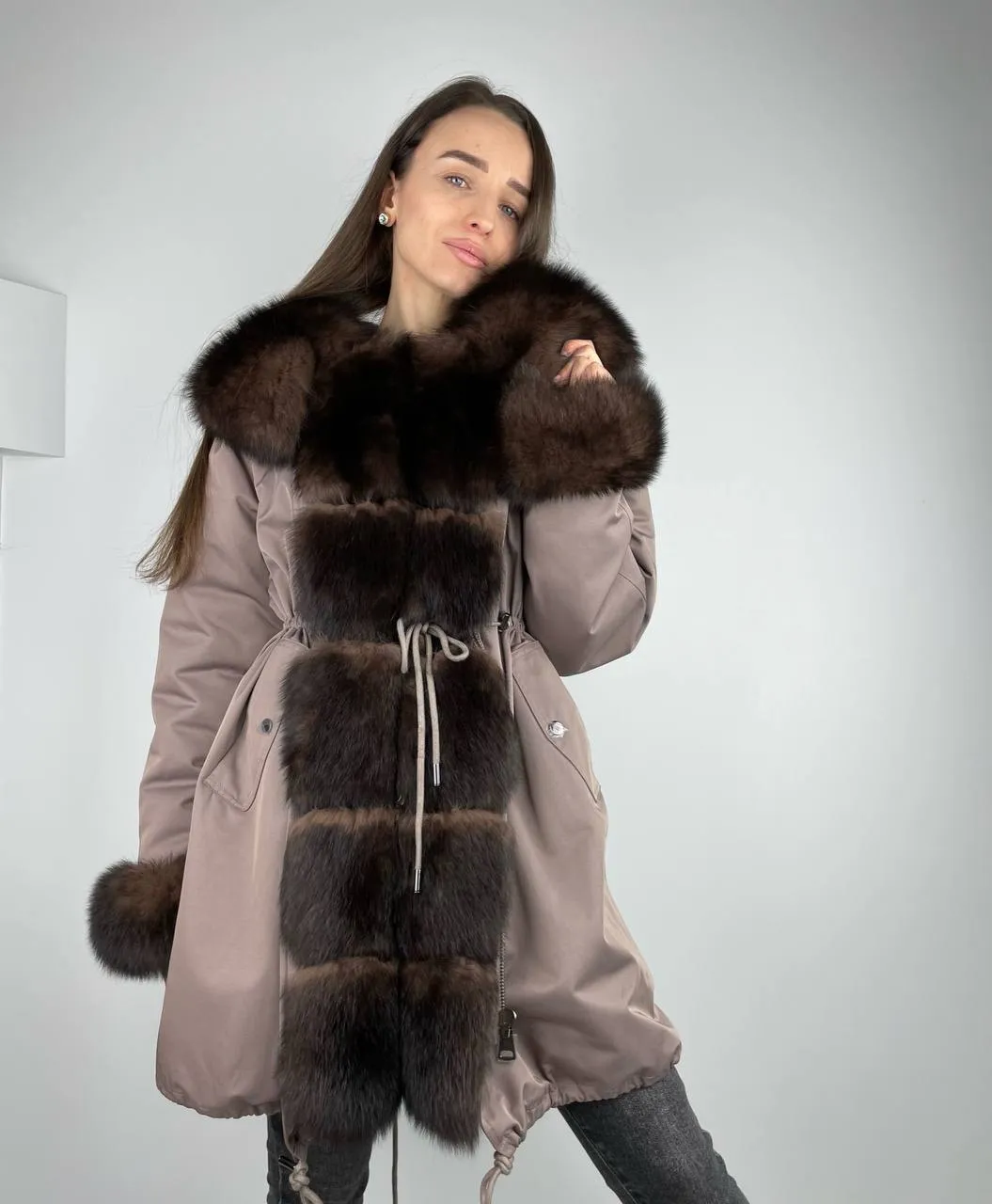 Parka Baltic Classic Cappuccino with Brown Artic fur and lining with Rex rabbit fur for women 105 cm