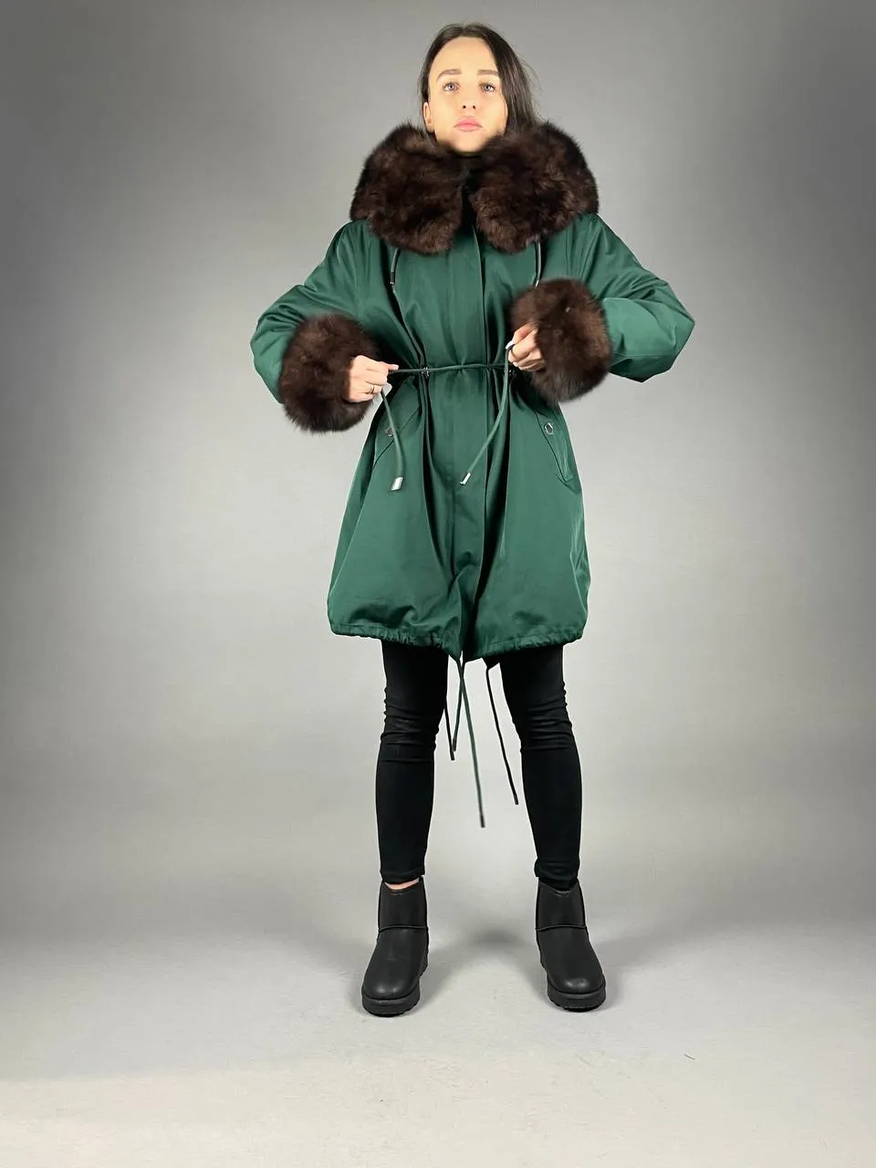 PARKA Baltic Classic Green with Brown Artic fur and lining Rex rabbit fur for women 95 см