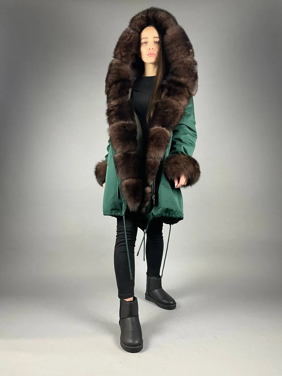 PARKA Baltic Classic Green with Brown Artic fur and lining Rex rabbit fur for women 95 см