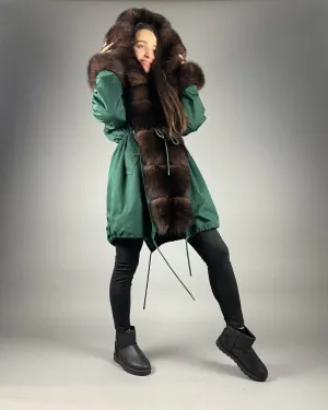 PARKA Baltic Classic Green with Brown Artic fur and lining Rex rabbit fur for women 95 см