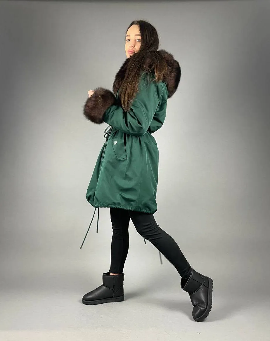PARKA Baltic Classic Green with Brown Artic fur and lining Rex rabbit fur for women 95 см