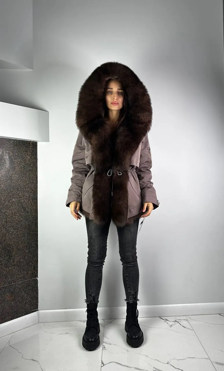 Parka Baltic XM Cappuccino with Brown Artic fur and lining REX Rabbit Fur for women 70 cm