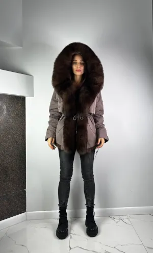 Parka Baltic XM Cappuccino with Brown Artic fur and lining REX Rabbit Fur for women 70 cm