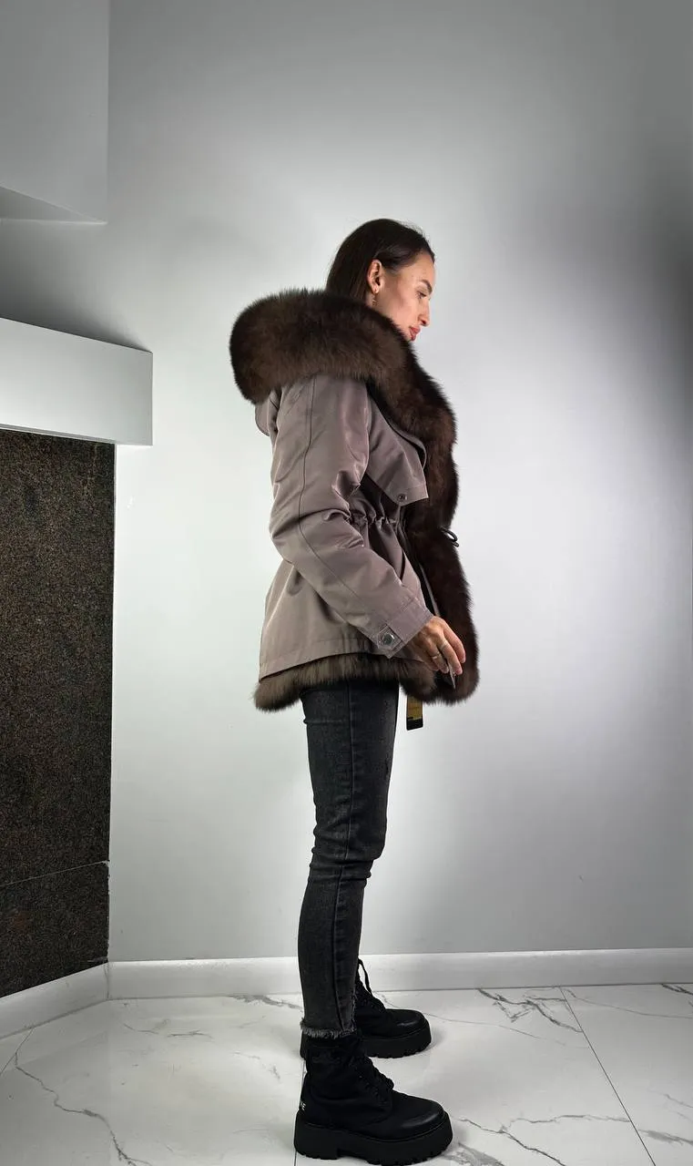 Parka Baltic XM Cappuccino with Brown Artic fur and lining REX Rabbit Fur for women 70 cm