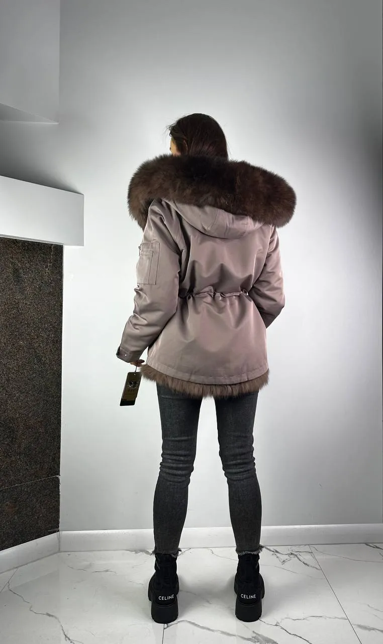 Parka Baltic XM Cappuccino with Brown Artic fur and lining REX Rabbit Fur for women 70 cm
