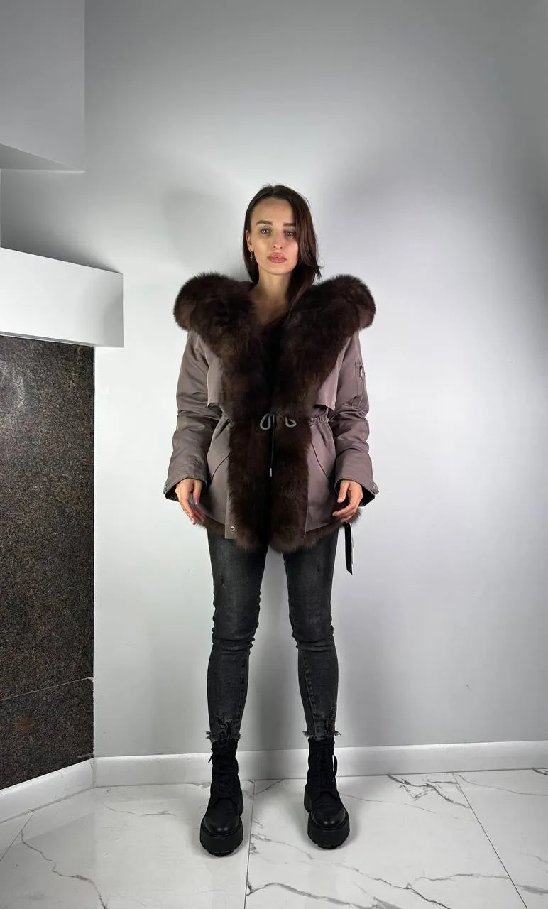 Parka Baltic XM Cappuccino with Brown Artic fur and lining REX Rabbit Fur for women 70 cm