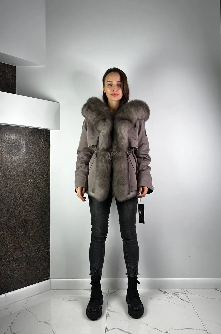 Parka Baltic XM Cappuccino with Grey Artic fur and lining Rex rabbit fur for women 70 cm