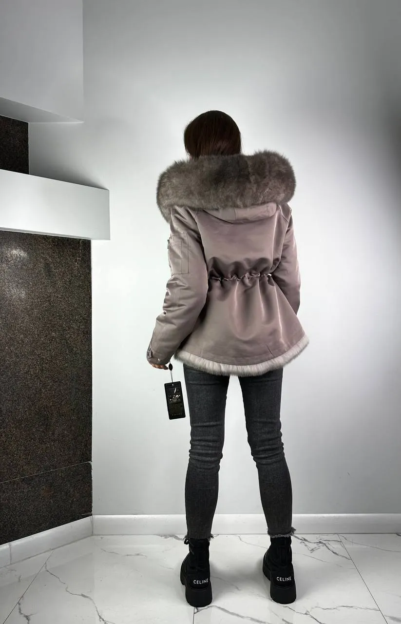 Parka Baltic XM Cappuccino with Grey Artic fur and lining Rex rabbit fur for women 70 cm