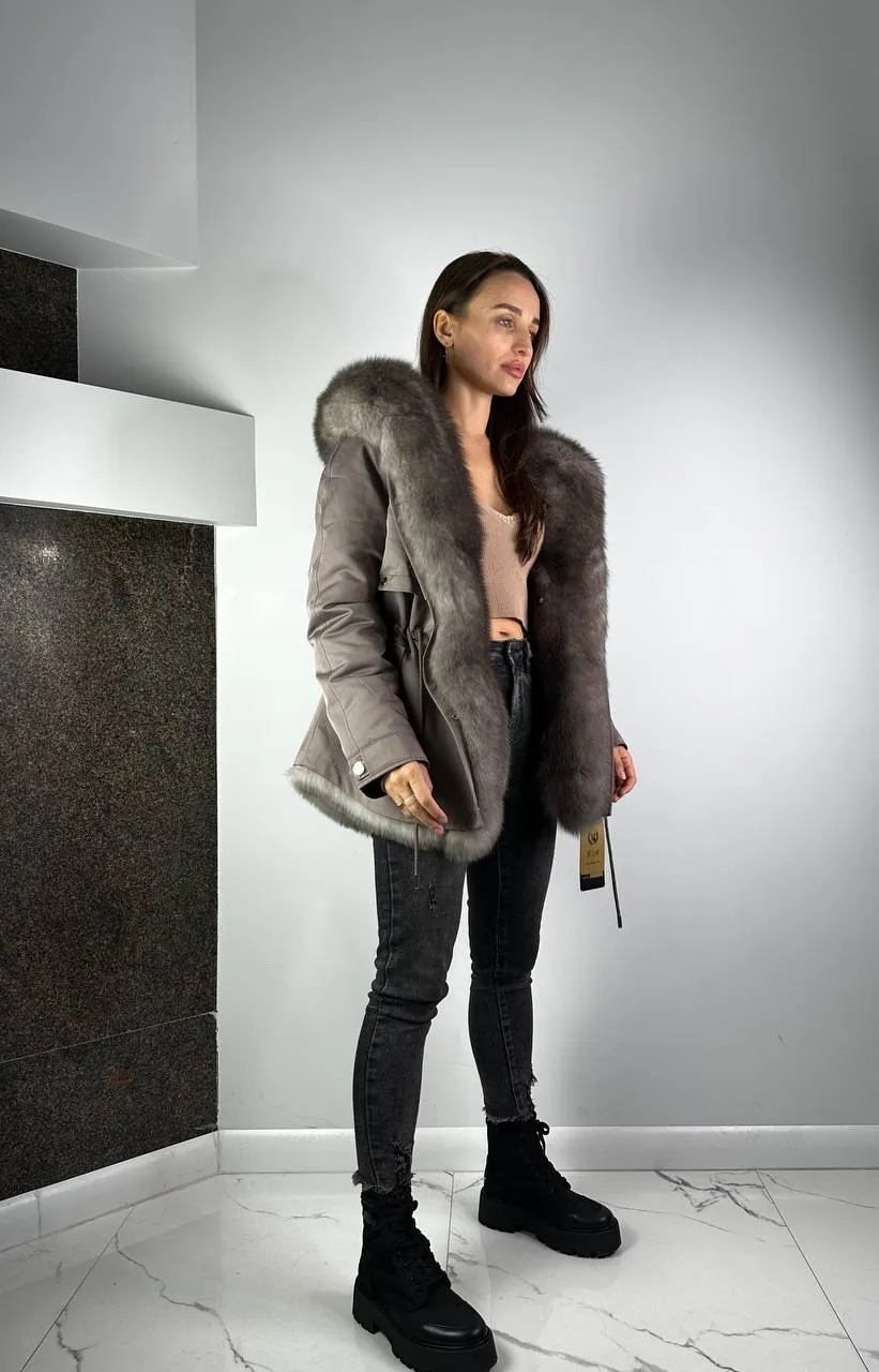 Parka Baltic XM Cappuccino with Grey Artic fur and lining Rex rabbit fur for women 70 cm
