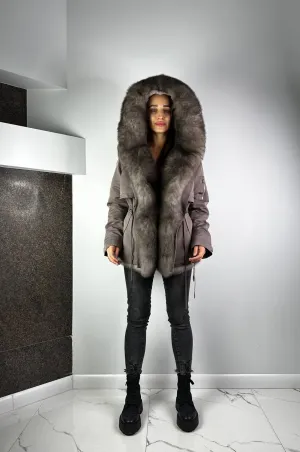 Parka Baltic XM Cappuccino with Grey Artic fur and lining Rex rabbit fur for women 70 cm