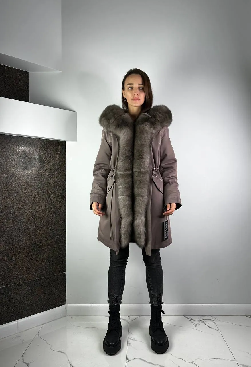 Parka Baltic XM Cappuccino with Grey Artic fur and lining Rex rabbit fur for women 90 cm