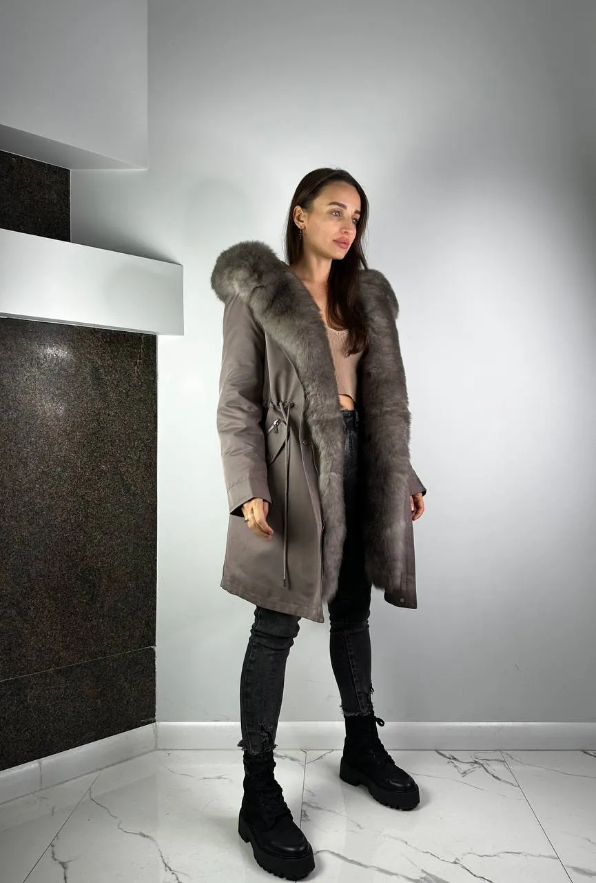 Parka Baltic XM Cappuccino with Grey Artic fur and lining Rex rabbit fur for women 90 cm