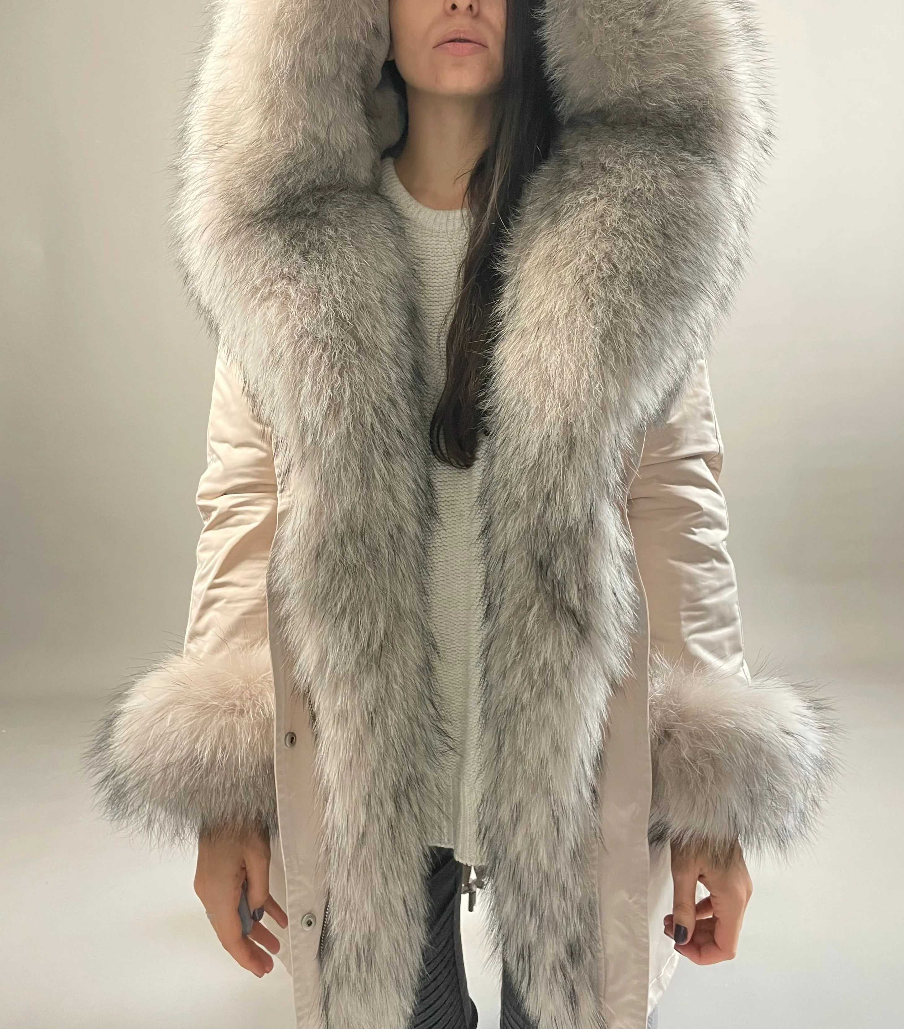 Parka LUX Beige (23) / Beige Raccoon fur (M55) / Rex for women 95 cm