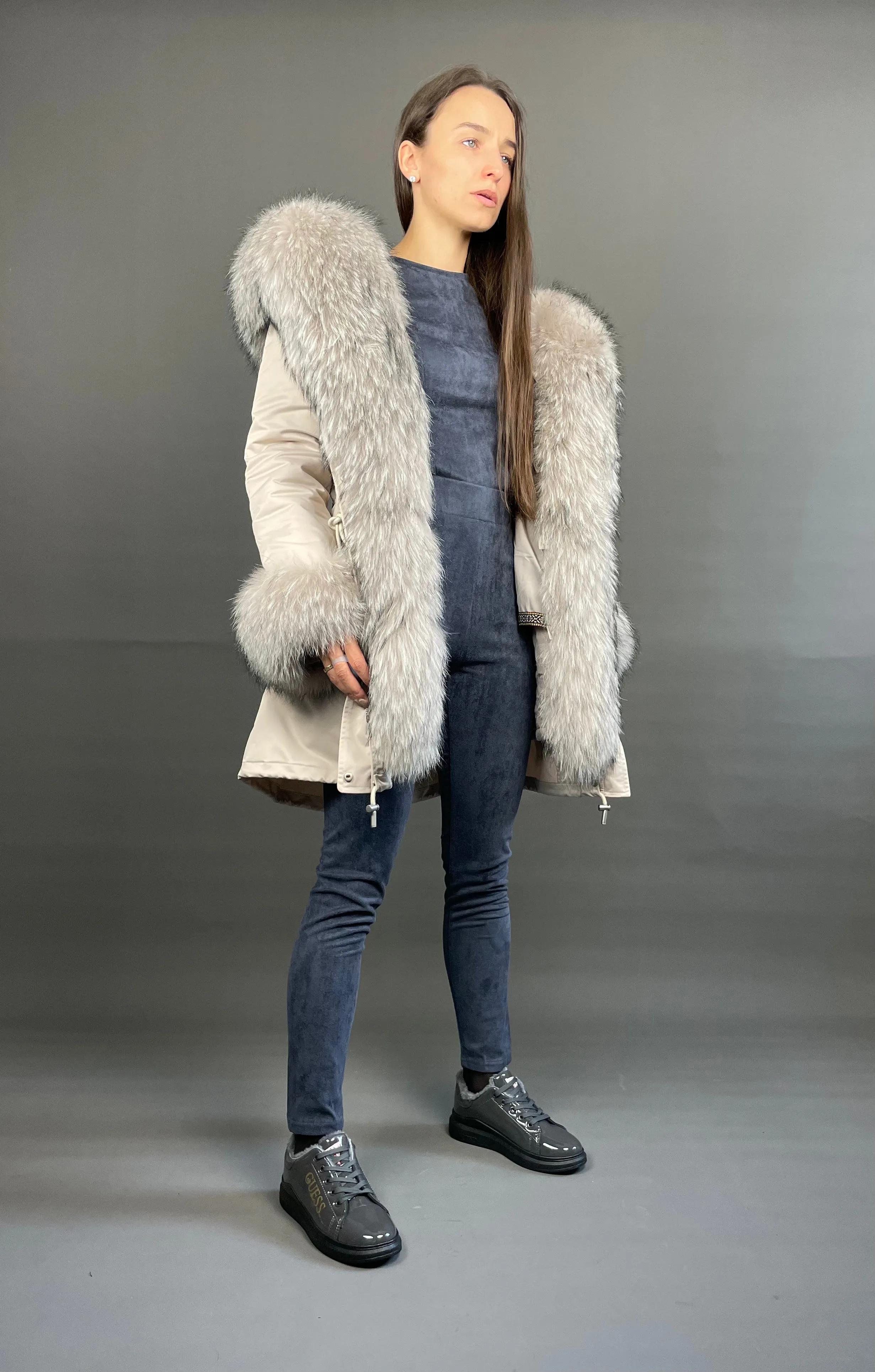 Parka LUX Beige (23) / Beige Raccoon fur (M55) / Rex for women 95 cm
