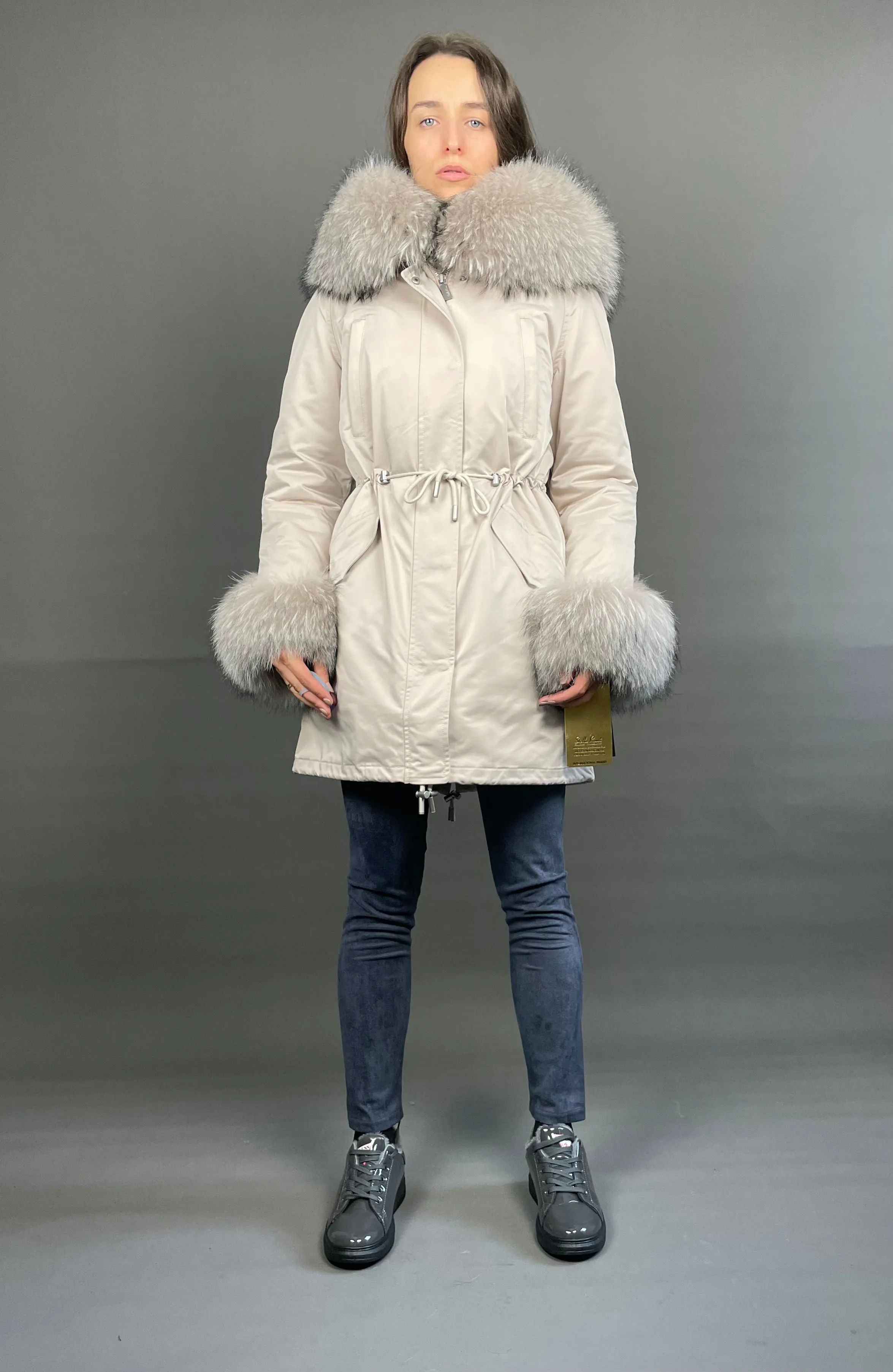 Parka LUX Beige (23) / Beige Raccoon fur (M55) / Rex for women 95 cm