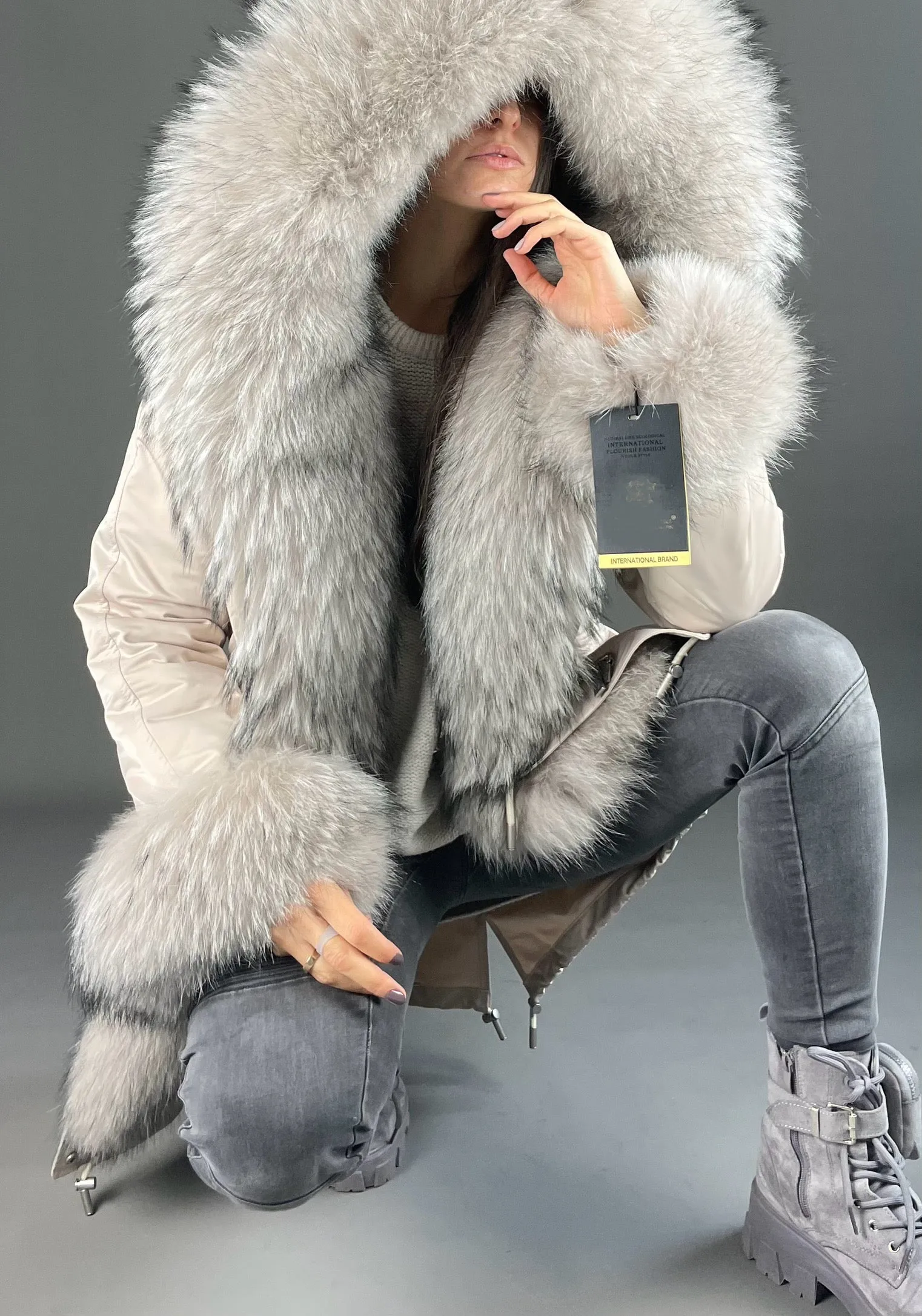 Parka LUX Beige (23) / Beige Raccoon fur (M55) / Rex for women 95 cm