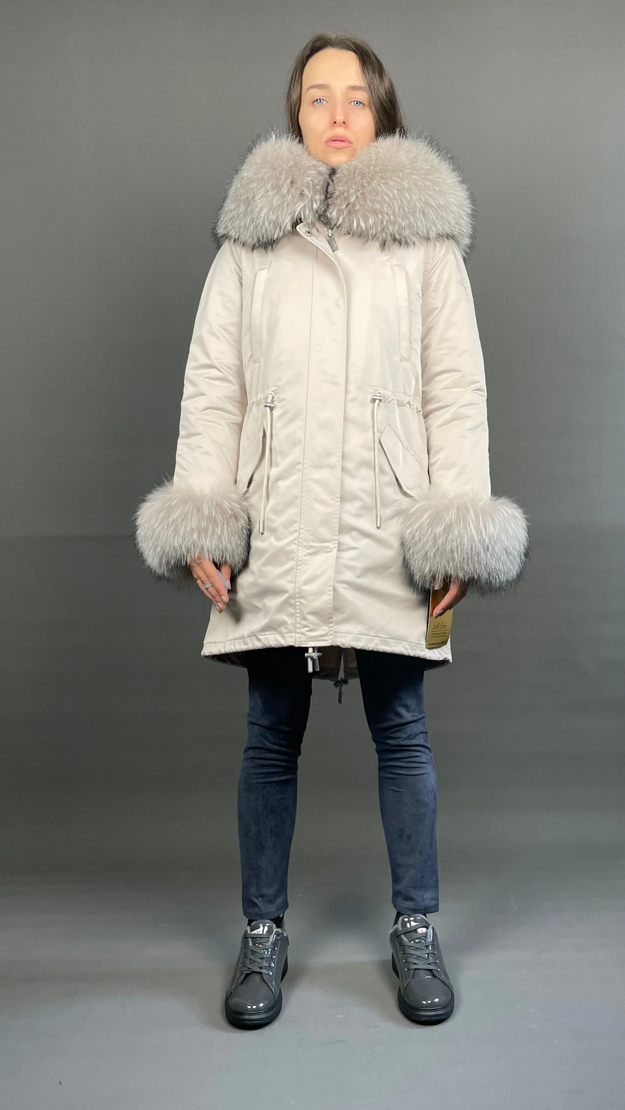 Parka LUX Beige (23) / Beige Raccoon fur (M55) / Rex for women 95 cm