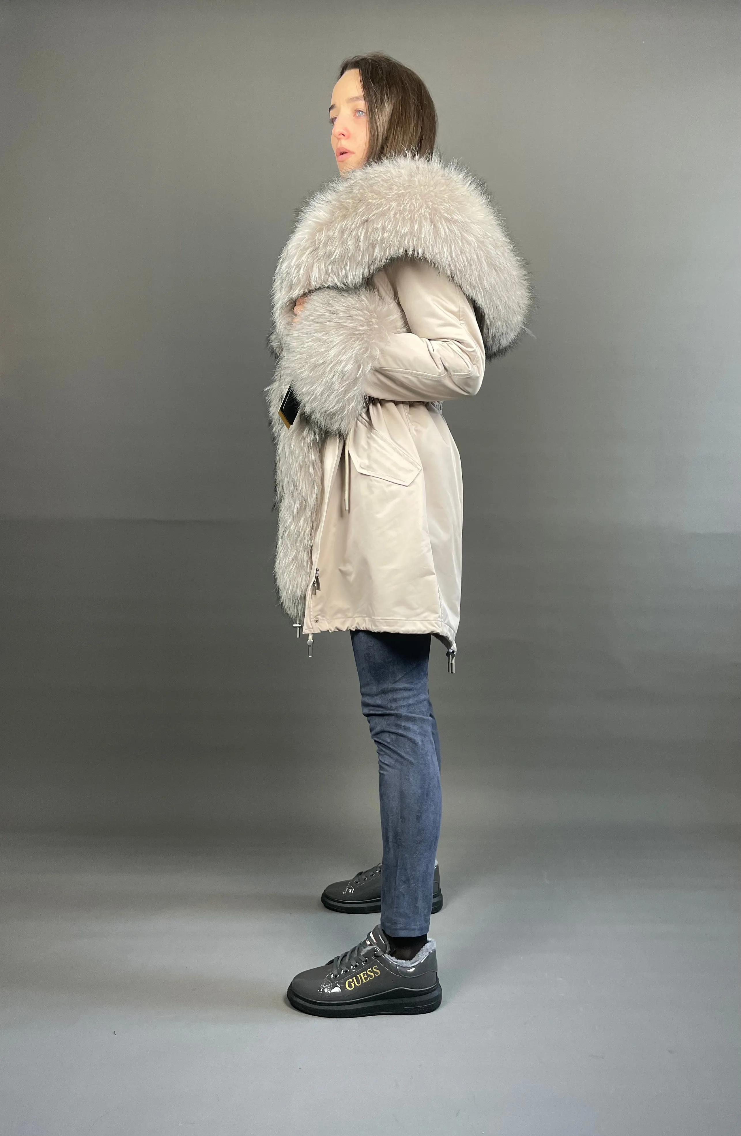 Parka LUX Beige (23) / Beige Raccoon fur (M55) / Rex for women 95 cm