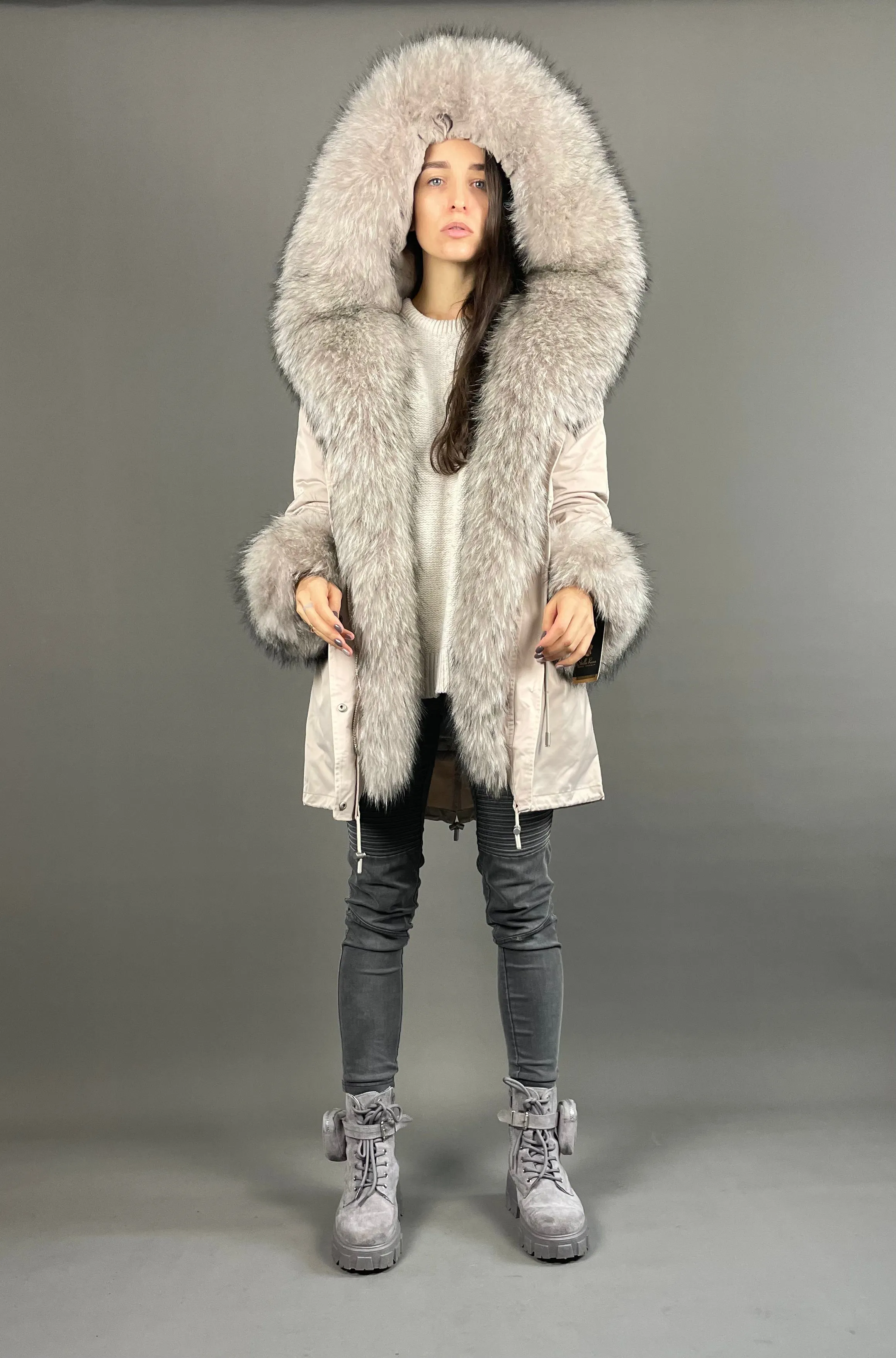 Parka LUX Beige (23) / Beige Raccoon fur (M55) / Rex for women 95 cm