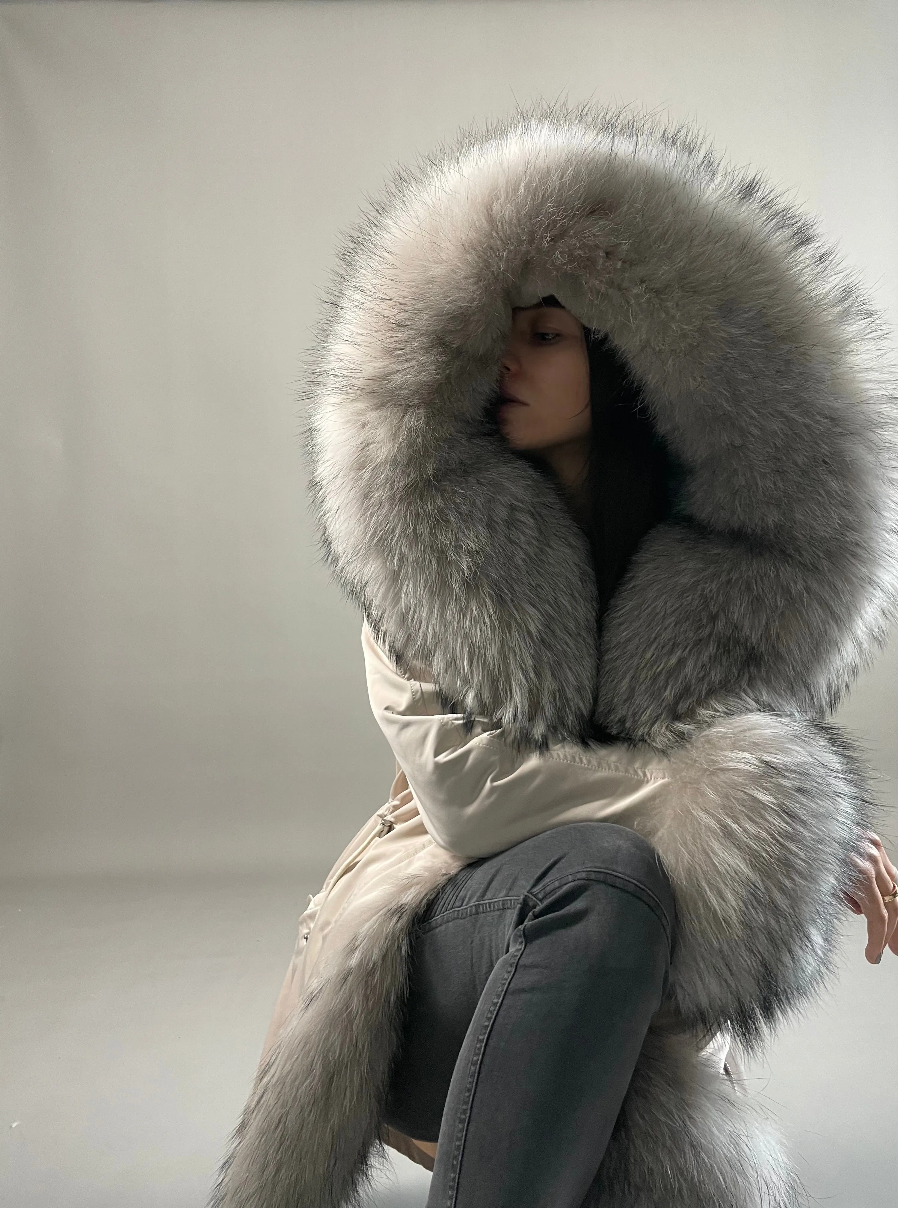 Parka LUX Beige (23) / Beige Raccoon fur (M55) / Rex for women 95 cm