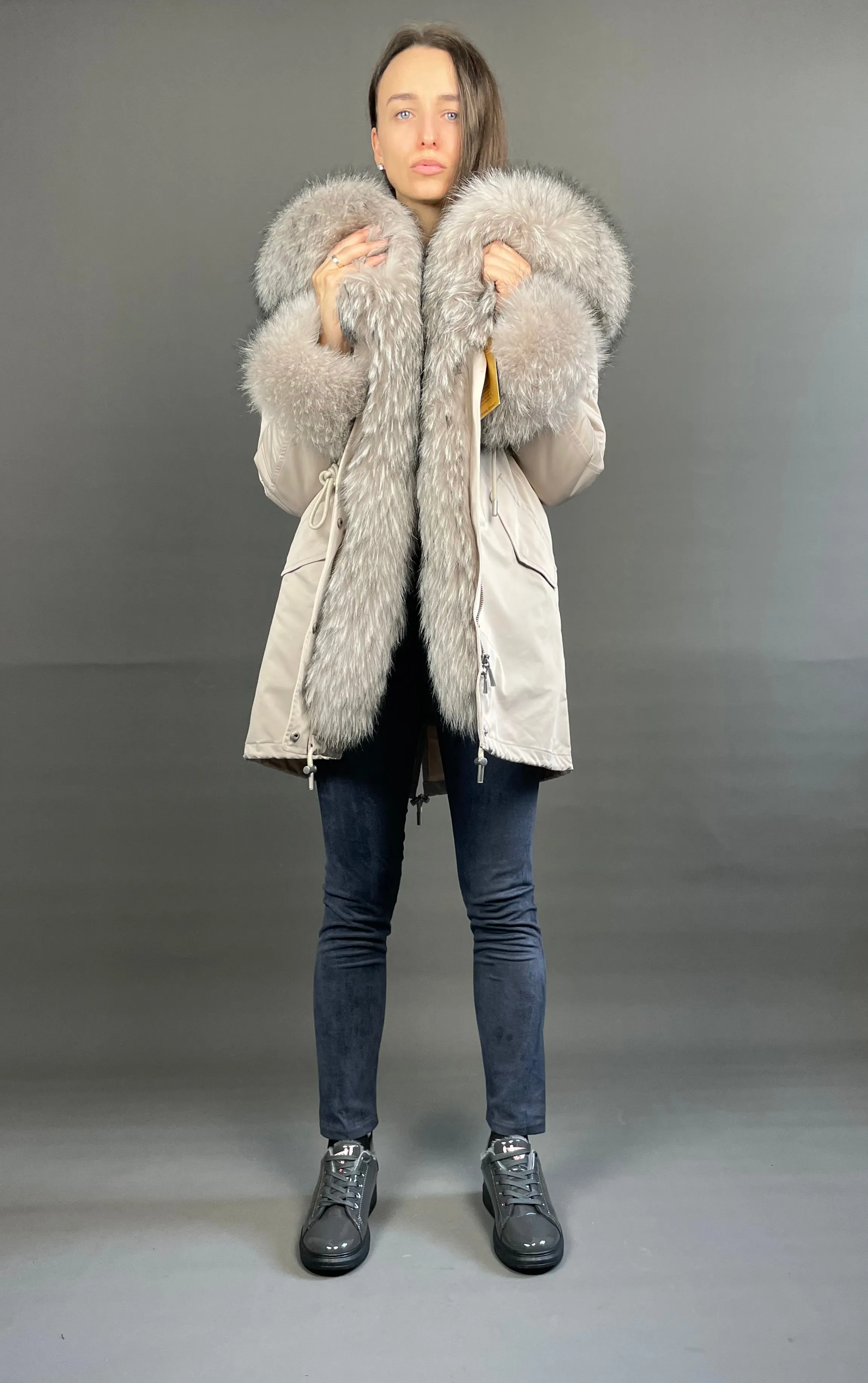 Parka LUX Beige (23) / Beige Raccoon fur (M55) / Rex for women 95 cm