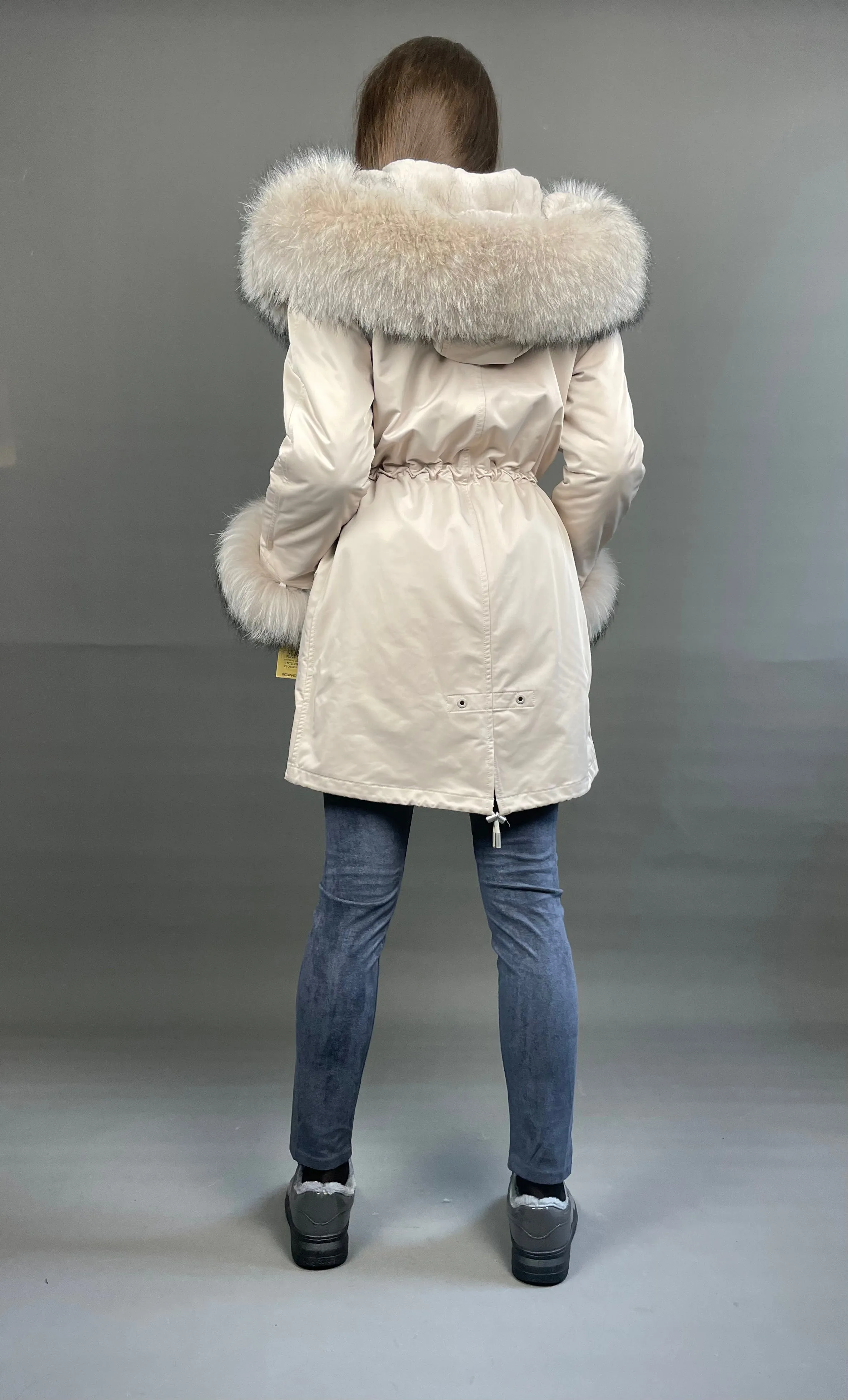 Parka LUX Beige (23) / Beige Raccoon fur (M55) / Rex for women 95 cm