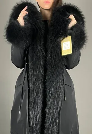 PARKA LUX Black (BF99) with Black Raccoon fur (M22) / Rex for women 95 cm