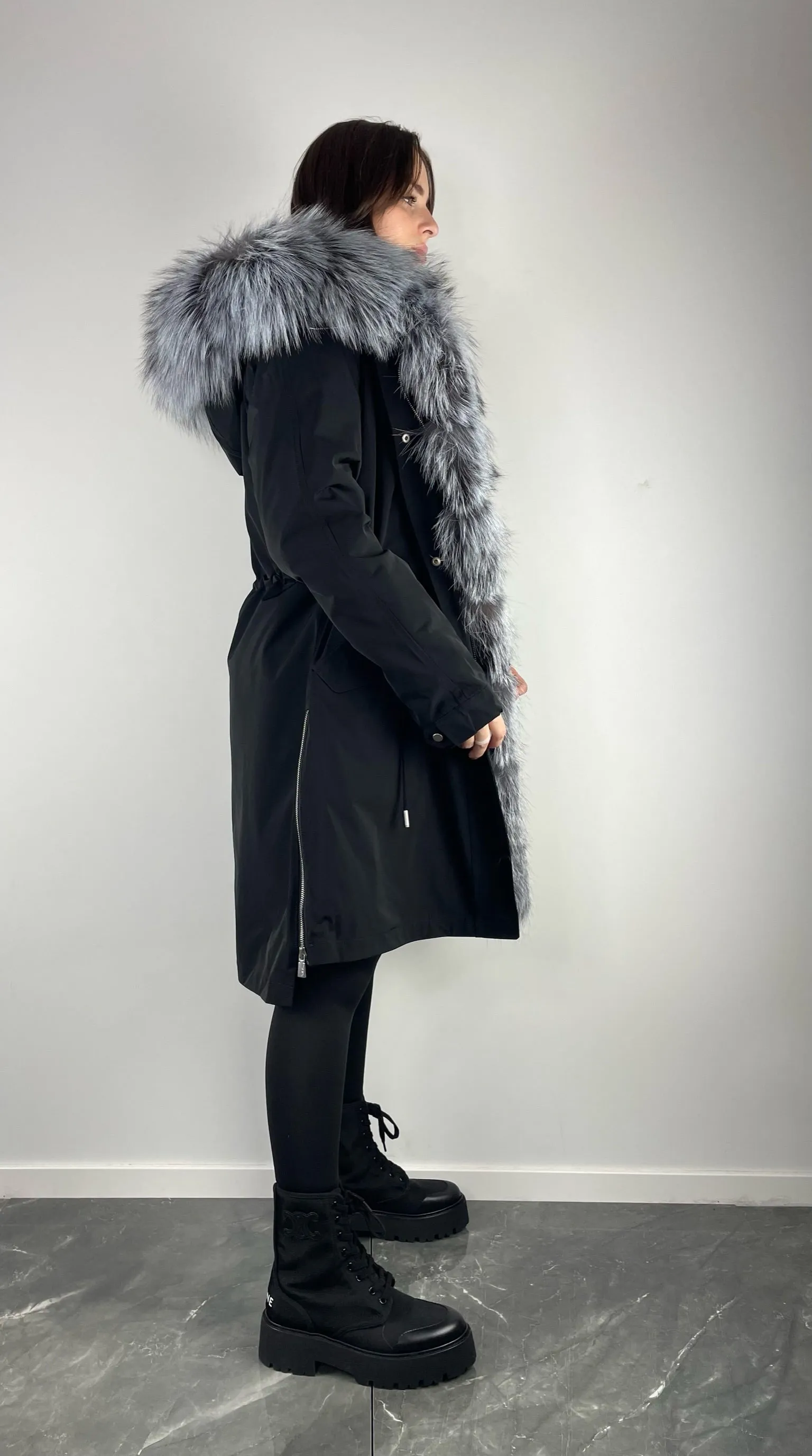 Parka LUX Black (BF99) with Silver fox fur (M11) / Rex for woman 95 сm