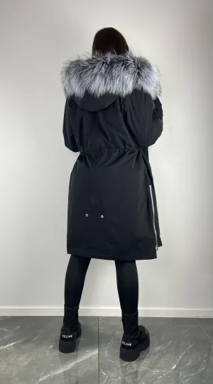 Parka LUX Black (BF99) with Silver fox fur (M11) / Rex for woman 95 сm
