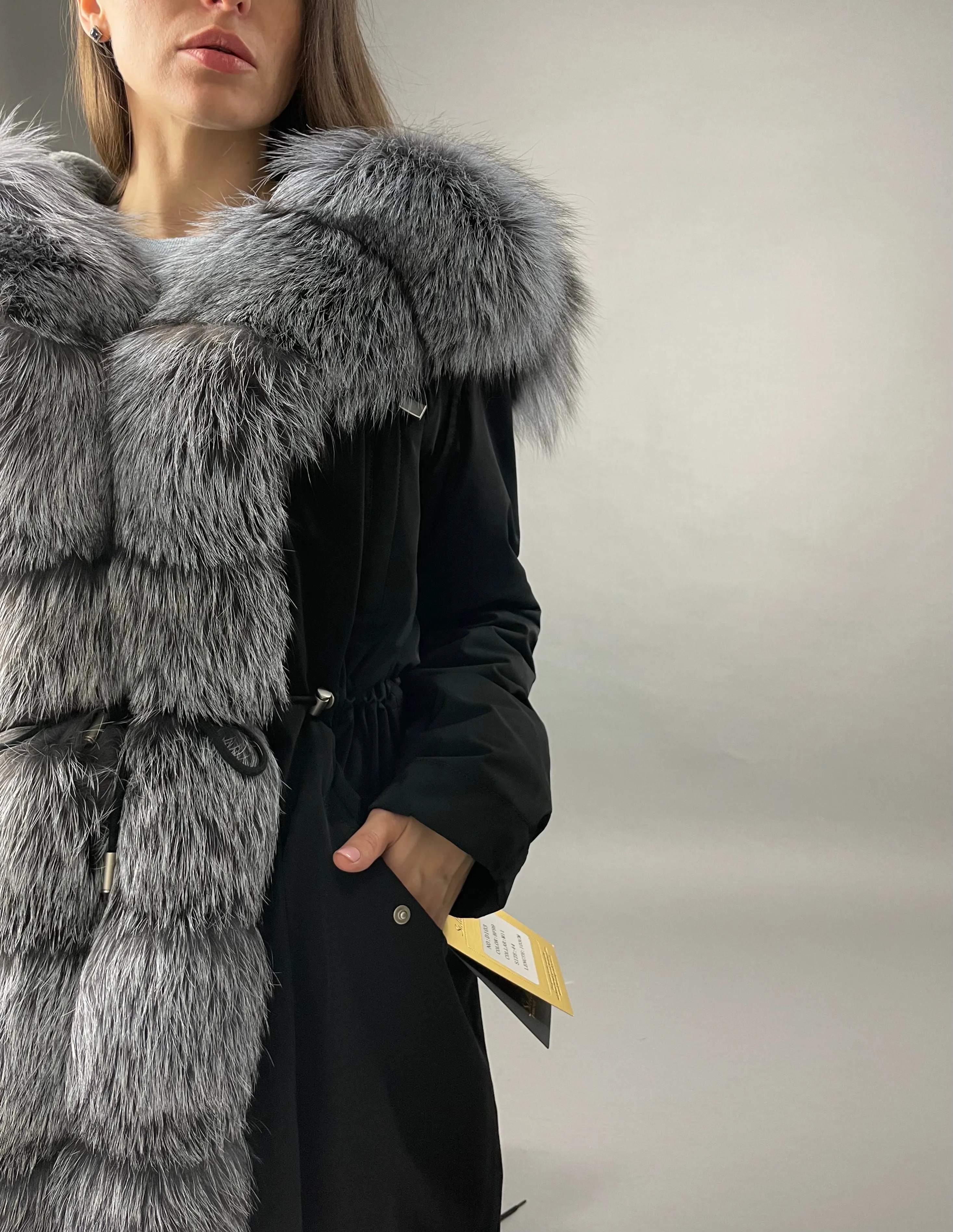 Parka LUX Black (BF99) with Silver fox fur (M11) / Rex for woman 95 сm