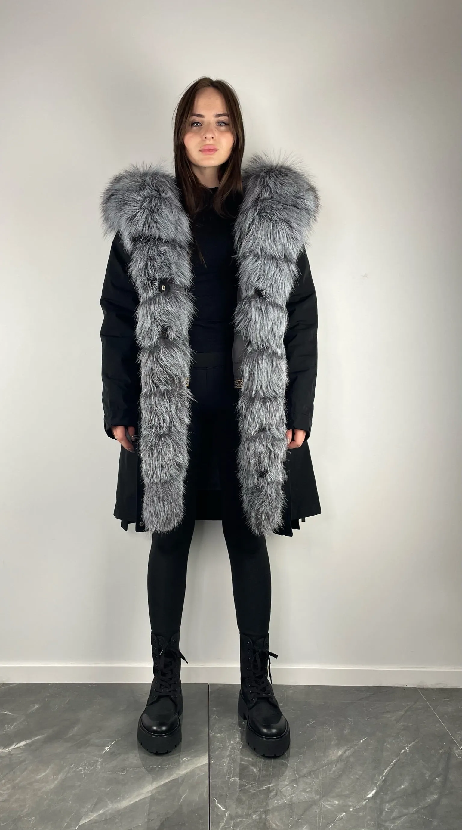 Parka LUX Black (BF99) with Silver fox fur (M11) / Rex for woman 95 сm