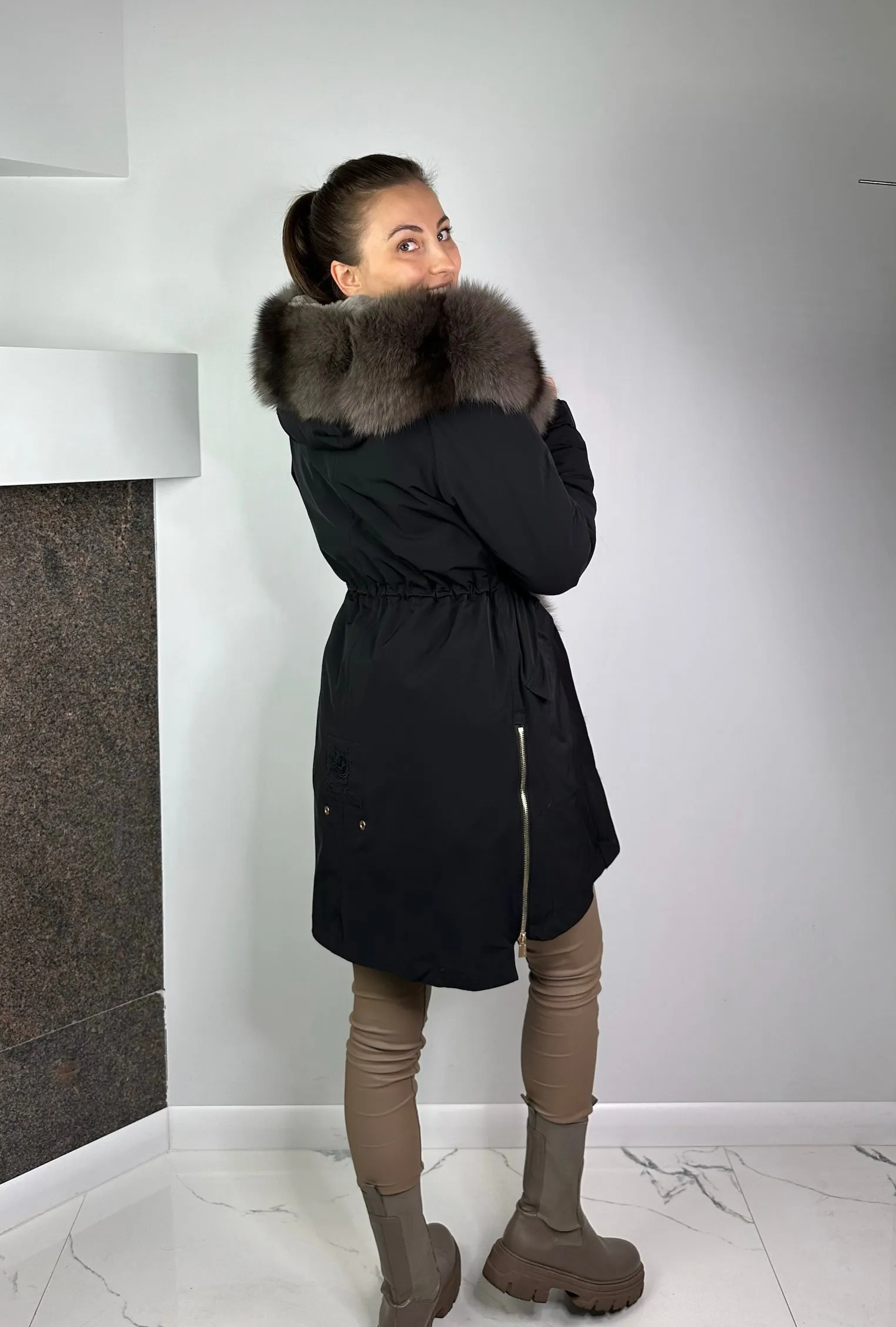 Parka LUX Black with Grey Artic fur and lining Rex rabbit fur fox women 95 cm