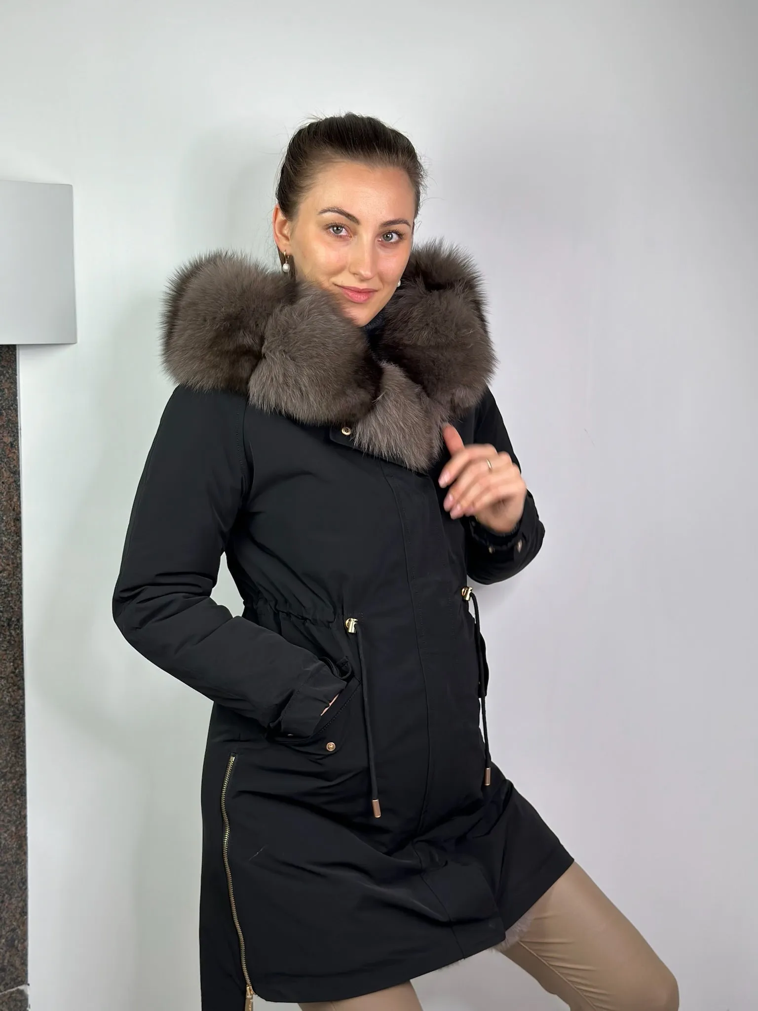 Parka LUX Black with Grey Artic fur and lining Rex rabbit fur fox women 95 cm