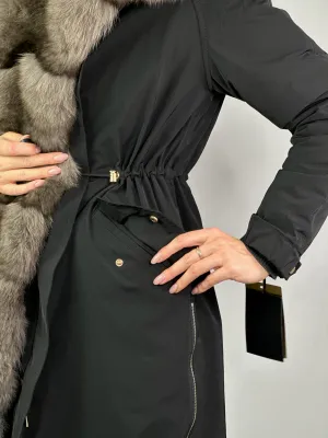 Parka LUX Black with Grey Artic fur and lining Rex rabbit fur fox women 95 cm
